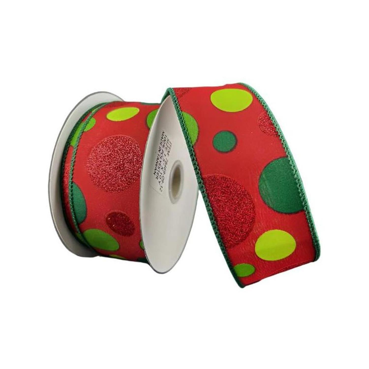 1.5" Glitter Dots Red Ribbon: Green and Lime (10 Yards)