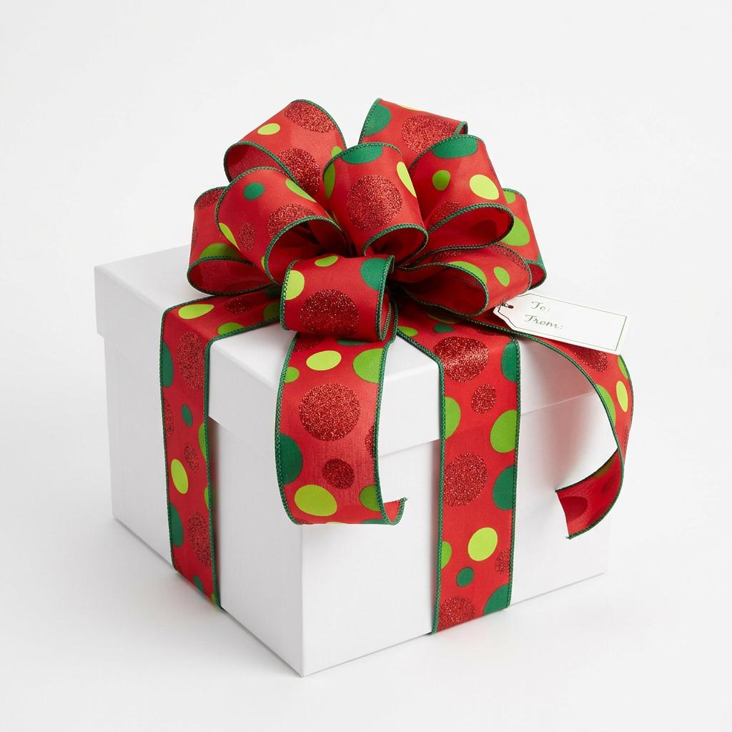 White gift box wrapped with red polka dot wired ribbon and fluffy bow