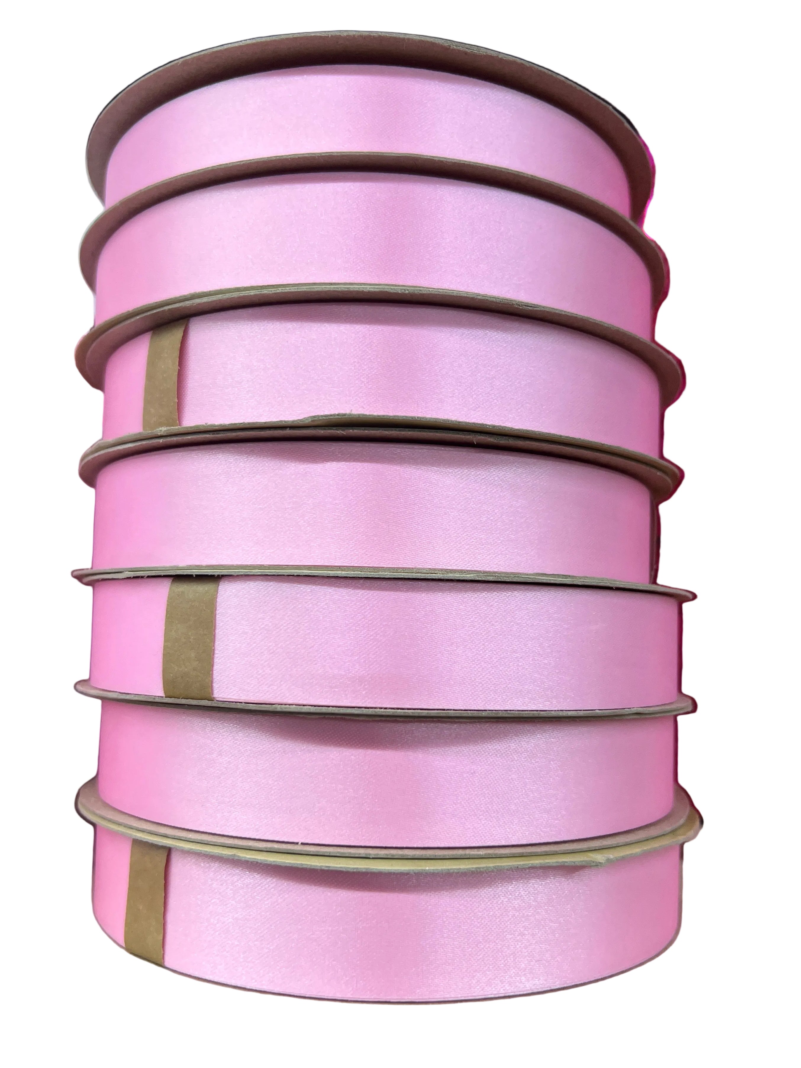 Stack of #5 pink lustre satin ribbon rolls, 7/8 inch wide, non-wired for homecoming mums and floral arrangements.