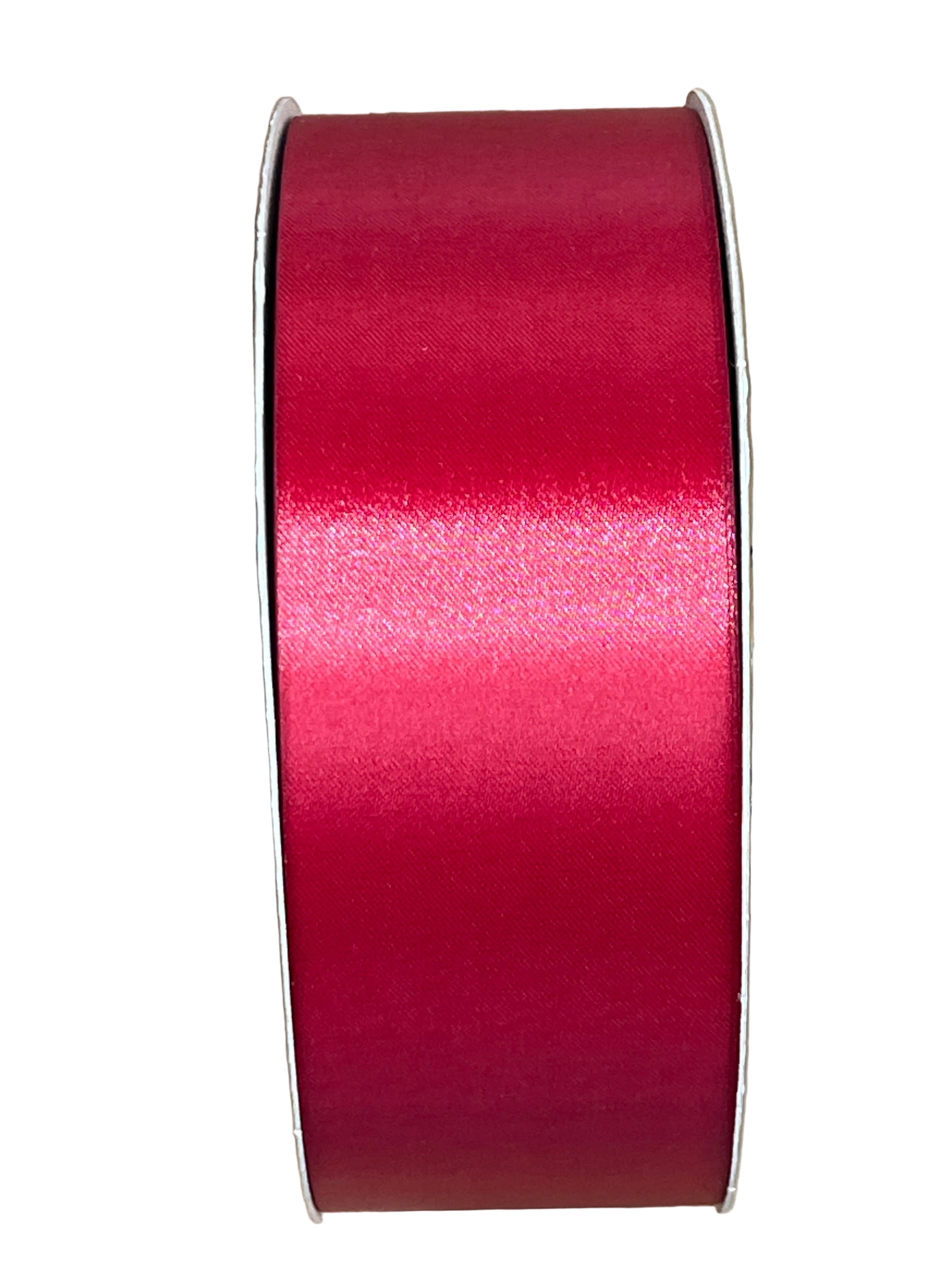 Two-inch wide holiday red satin acetate ribbon spool with a smooth, non-wired finish for crafts and floral decor.