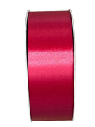 Two-inch wide holiday red satin acetate ribbon spool with a smooth, non-wired finish for crafts and floral decor.