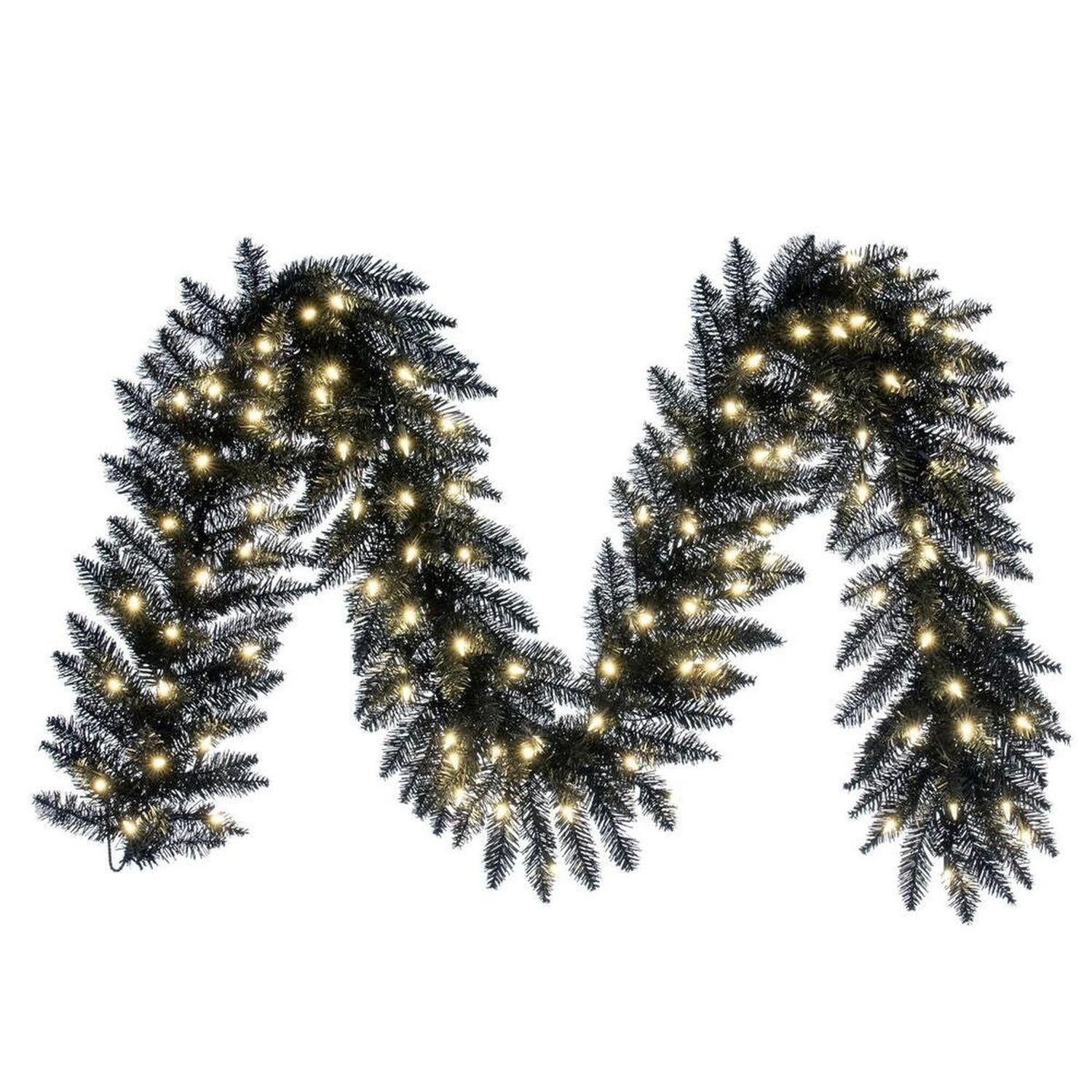 9' Black Fir Artificial Christmas Garland, Warm White LED Lights