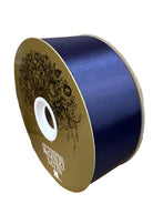 100-yard spool of 2.5-inch navy blue McGinley satin acetate ribbon with a smooth, non-wired finish.