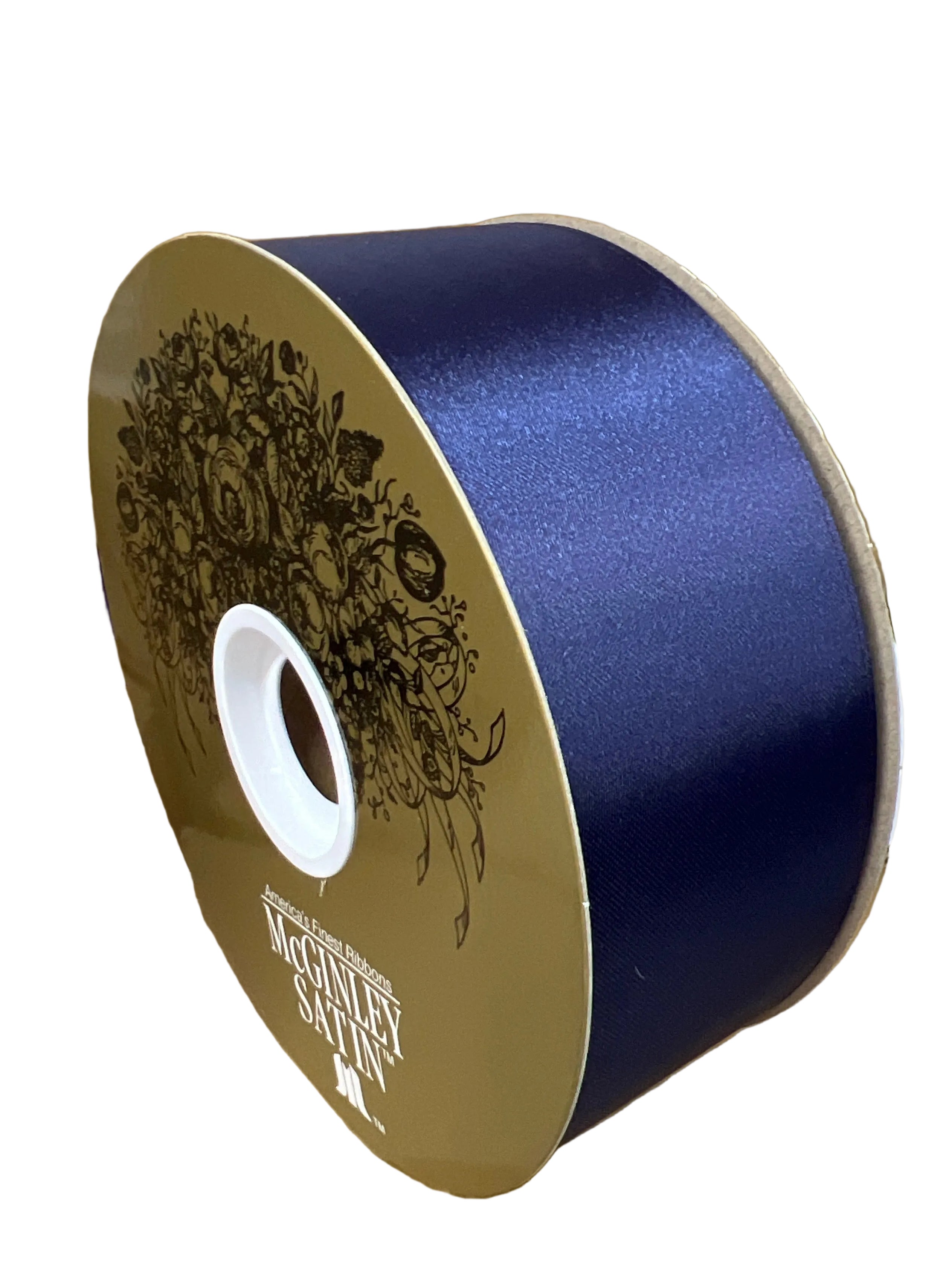 100-yard spool of 2.5-inch navy blue McGinley satin acetate ribbon with a smooth, non-wired finish.