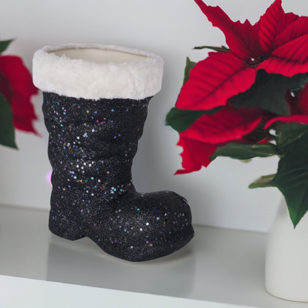 9.5" Glitter Fur Santa Boot: Black - Michelle's aDOORable Creations - Holiday Ornaments