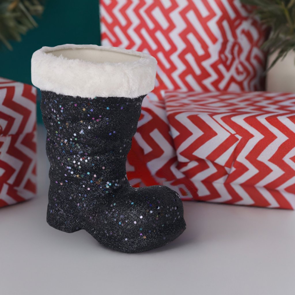 9.5" Glitter Fur Santa Boot: Black - Michelle's aDOORable Creations - Holiday Ornaments