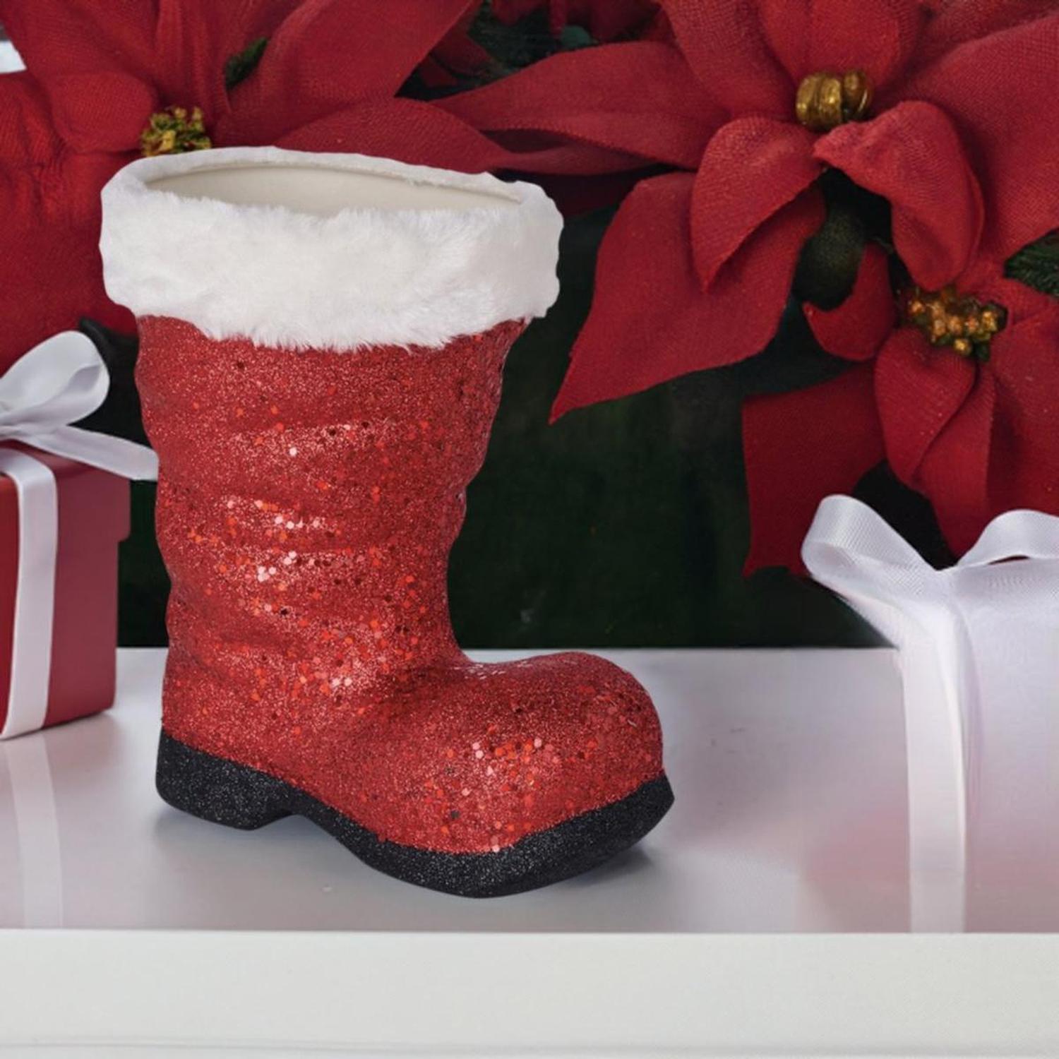 9.5" Glitter Fur Santa Boot: Red