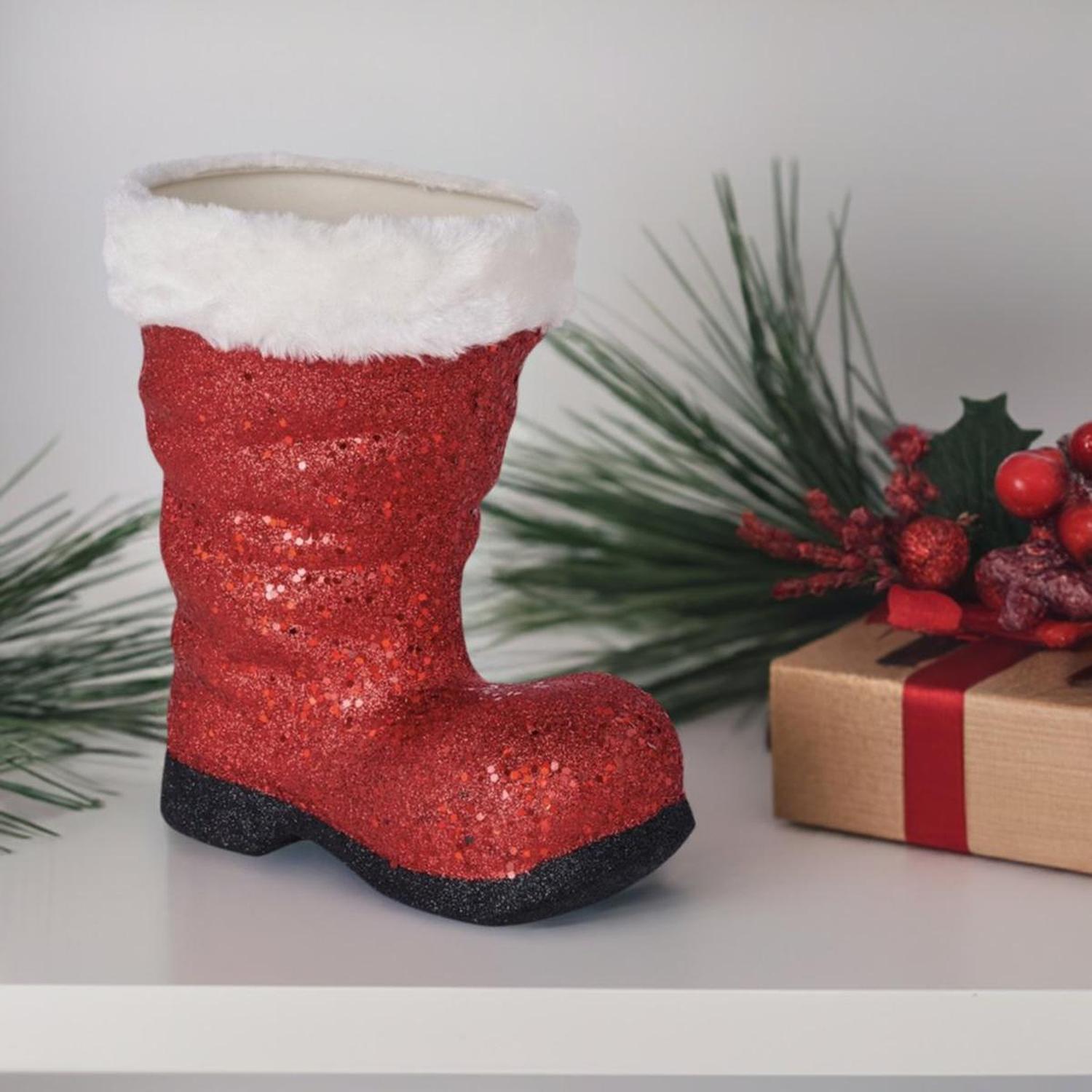 9.5" Glitter Fur Santa Boot: Red