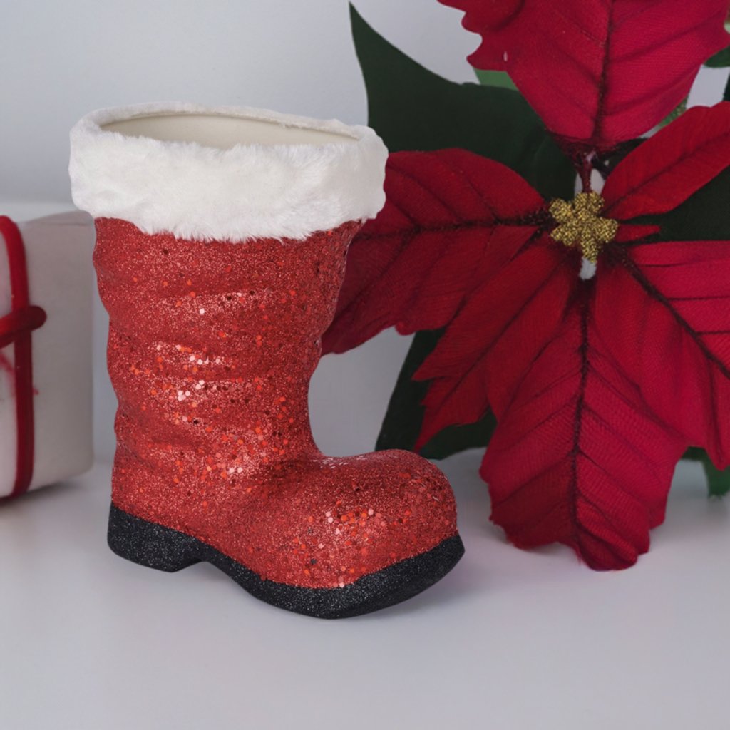 9.5" Glitter Fur Santa Boot: Red - Michelle's aDOORable Creations - Holiday Ornaments