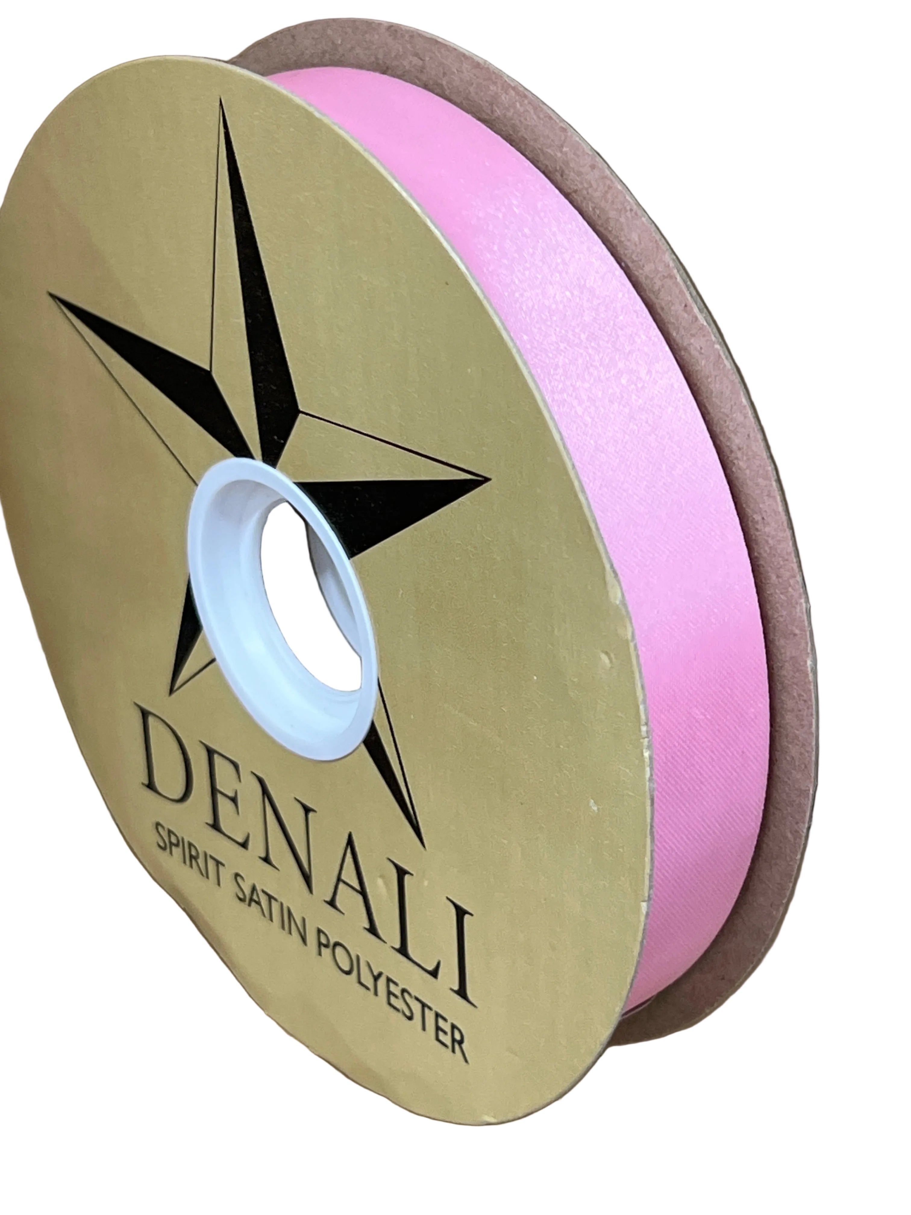 Spool of #5 pink lustre satin ribbon, 7/8 inch wide, non-wired polyester material for floral and craft projects.
