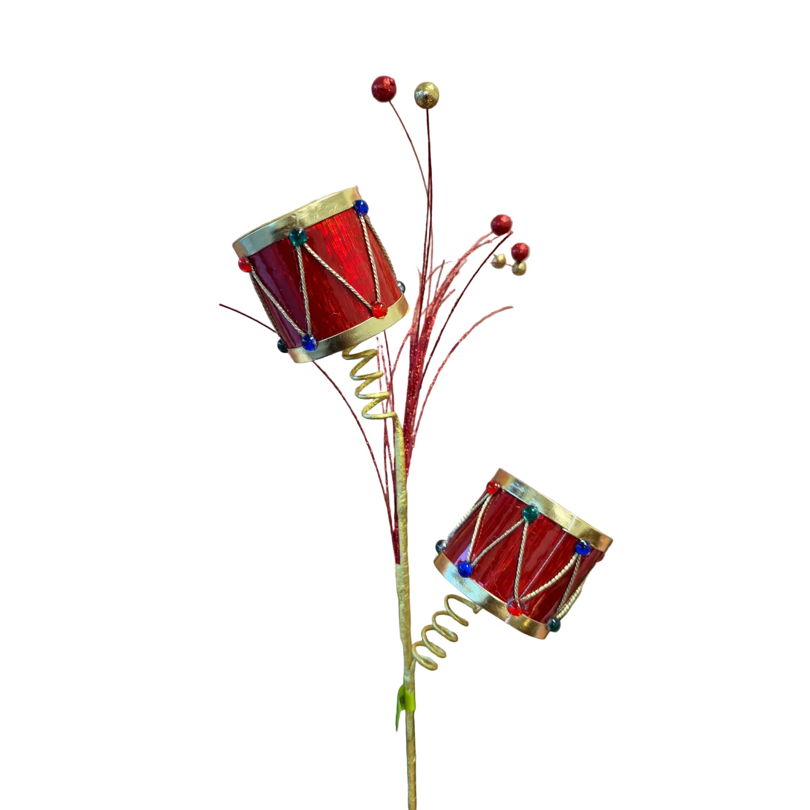 Full view of festive red drum floral spray with gold springs