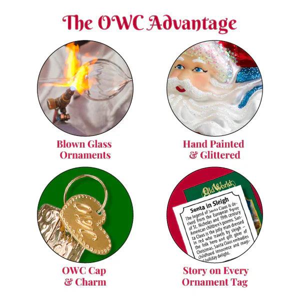 Four circular panels showing blown glass, hand-painted details, OWC charm, and descriptive story tags for ornaments.