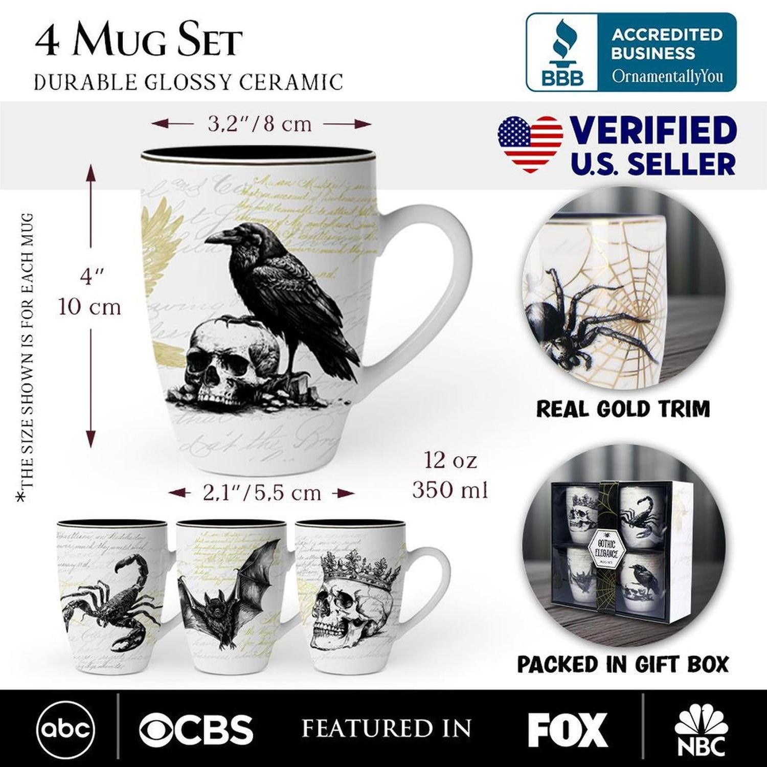 Elegant Halloween Goth Set of 4 Ceramic Mugs