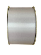 Spool of 2.5-inch wide silver grey satin acetate ribbon with a smooth, non-wired finish for crafts and floral design.