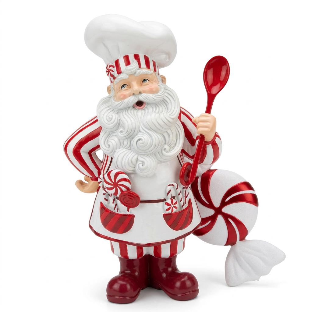 Front view of glossy resin Santa chef holding red spoon beside giant candy cane decoration