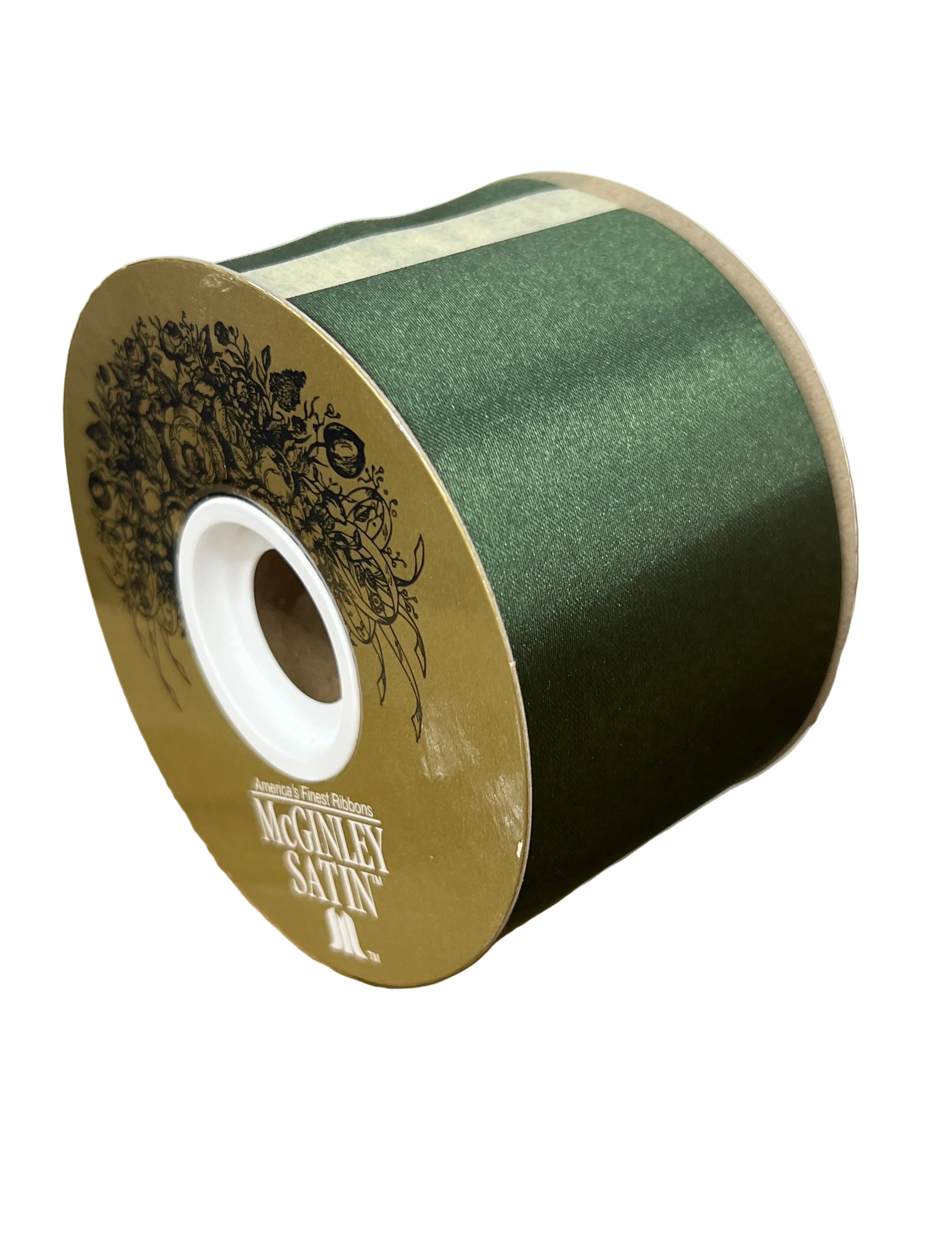 Spool of 2.5-inch hunter green McGinley satin acetate ribbon with a smooth, non-wired finish for crafts.