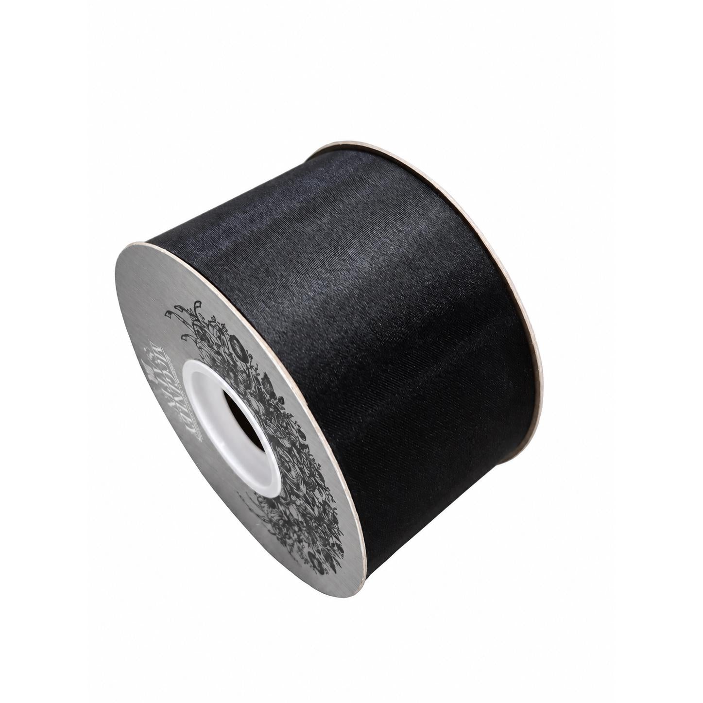 Close-up of black satin acetate ribbon texture on spool