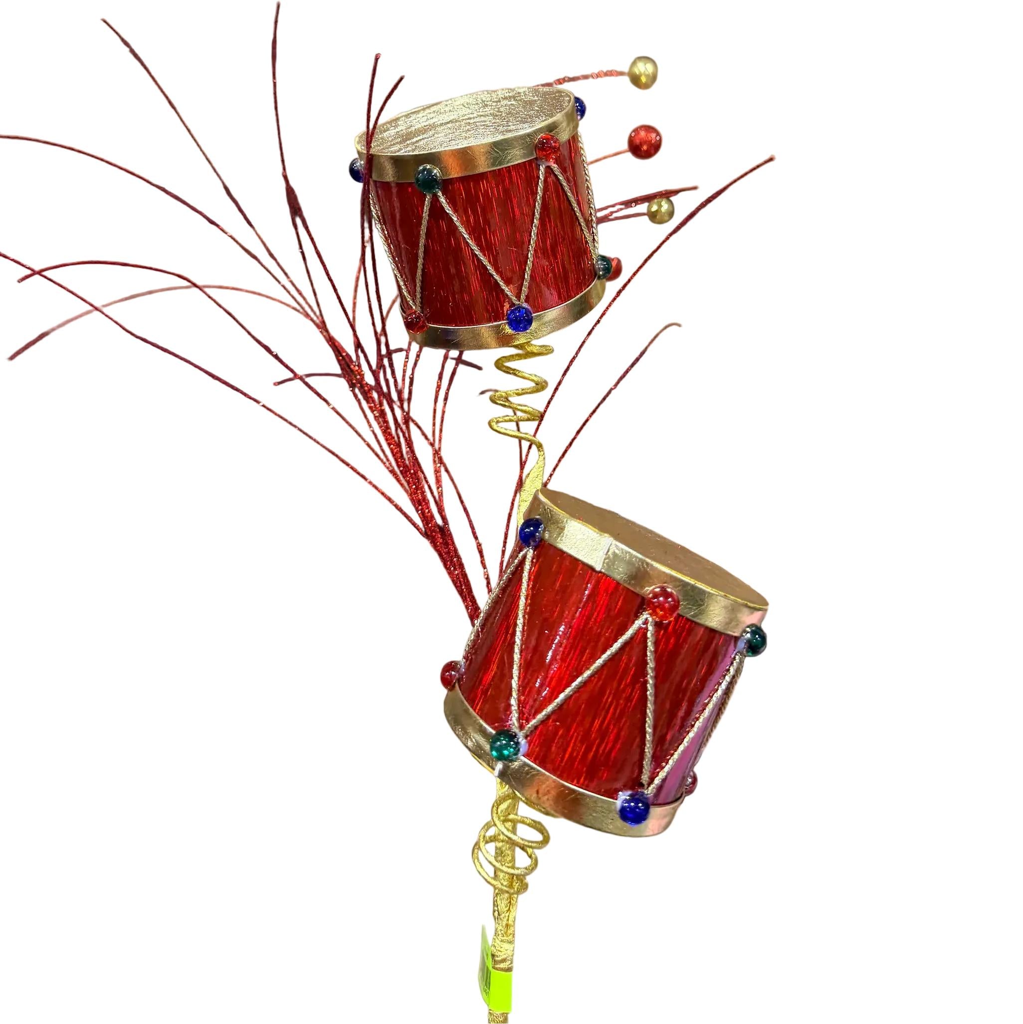 Red glossy drum holiday spray with gold rims and bead accents