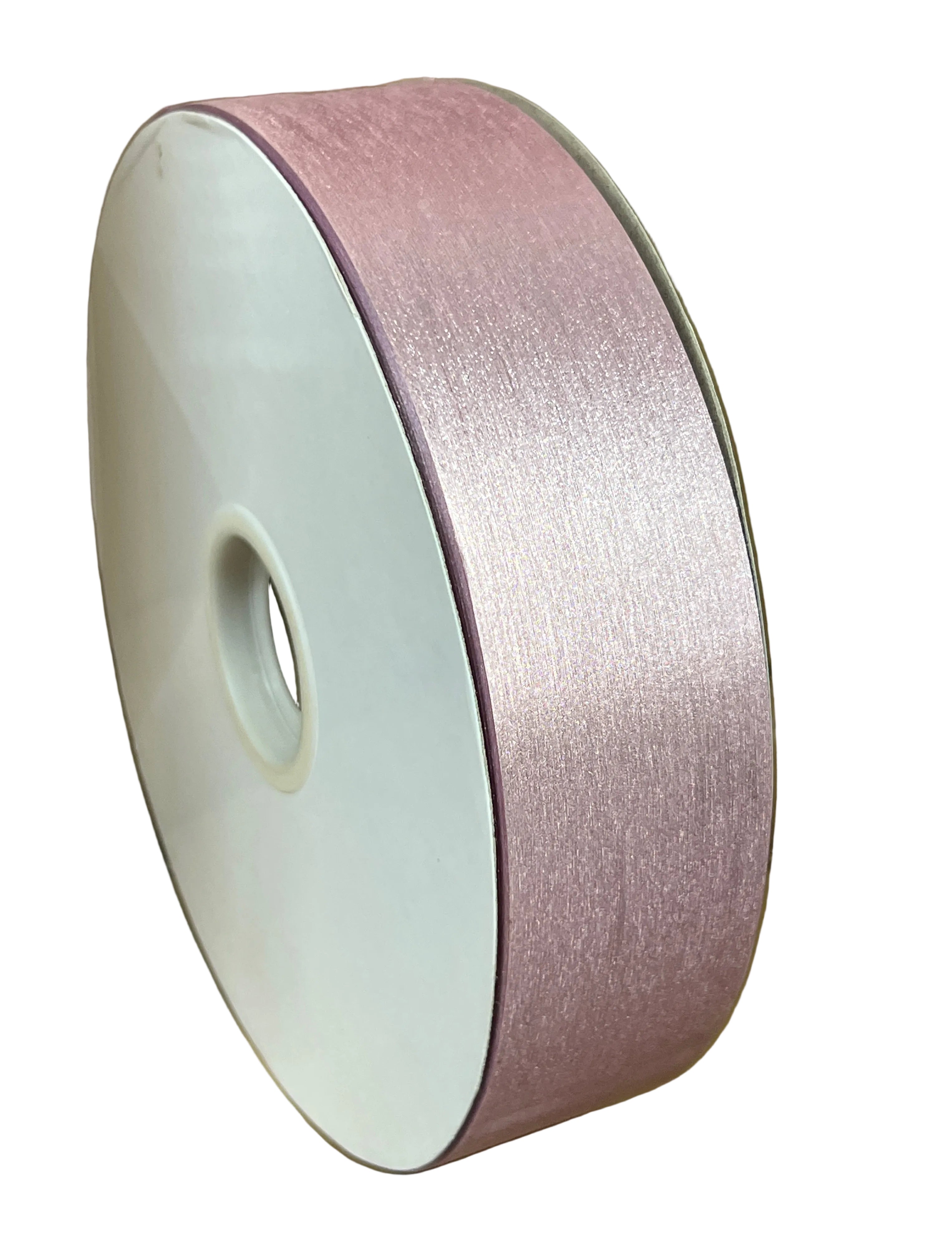 Spool of #9 pink diamond dust non-wired ribbon with a shimmering metallic texture for homecoming mums.