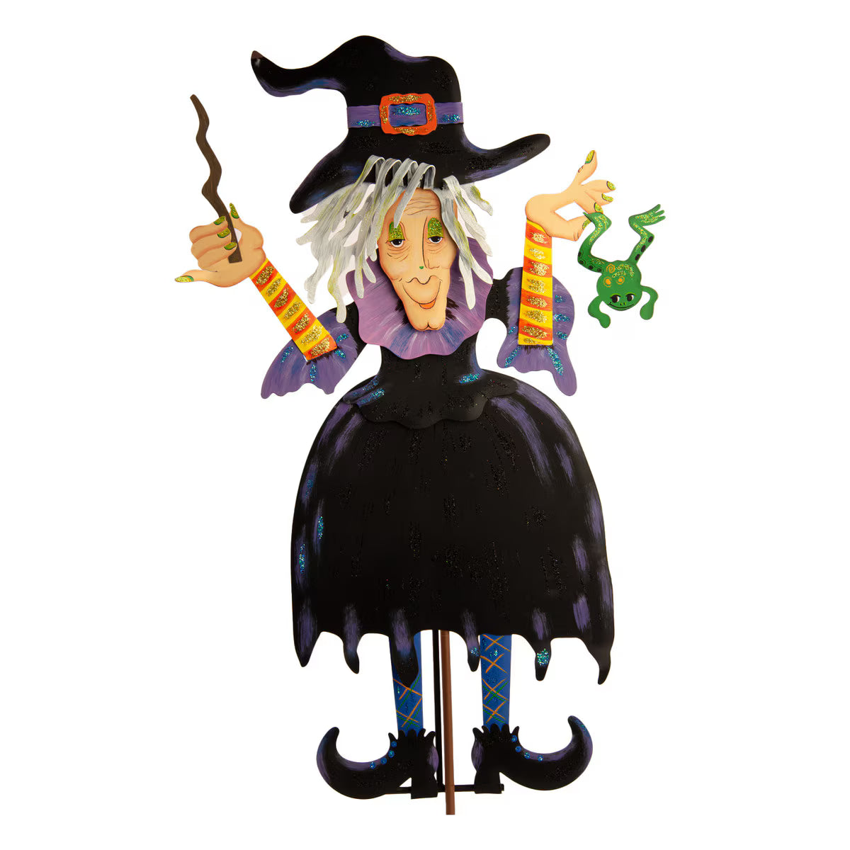24-inch metal Tillie the Witch decoration featuring a black dress, pointed hat, wand, and a green frog accent.