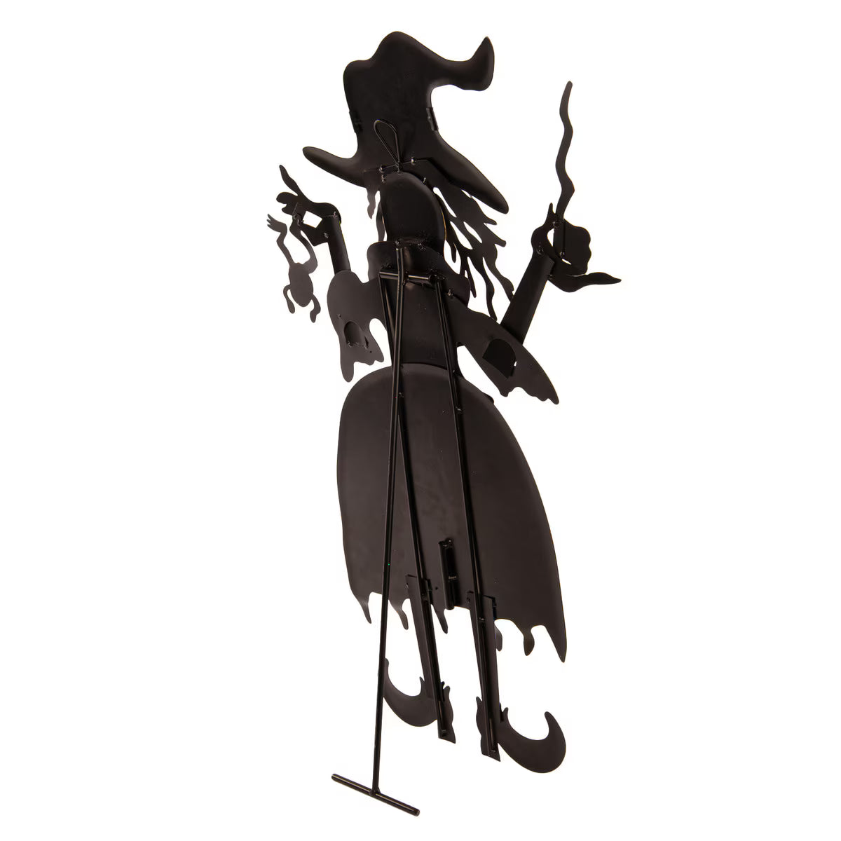 Back view of a 24-inch black metal Tillie the Witch silhouette ornament with an easel stand for display.