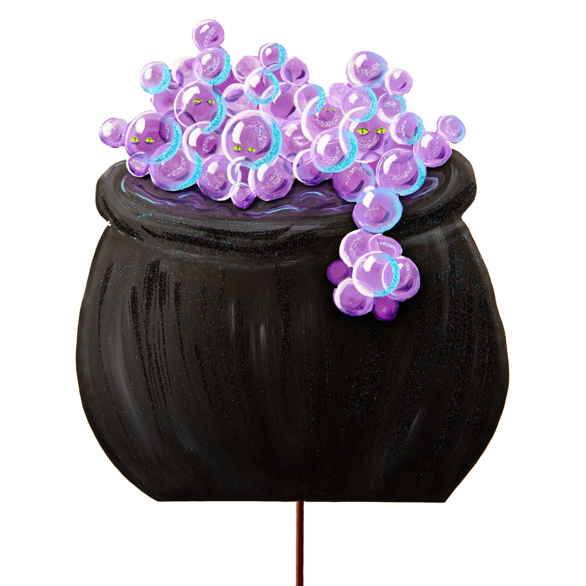 Black 12-inch metal cauldron with purple glittery bubbles and hidden green eyes for whimsical Halloween decor.