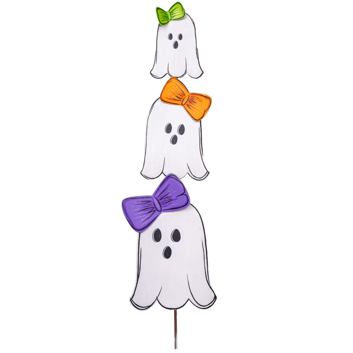 36-inch metal ghost topiary featuring three white ghosts with green, orange, and purple bows for Halloween decor.