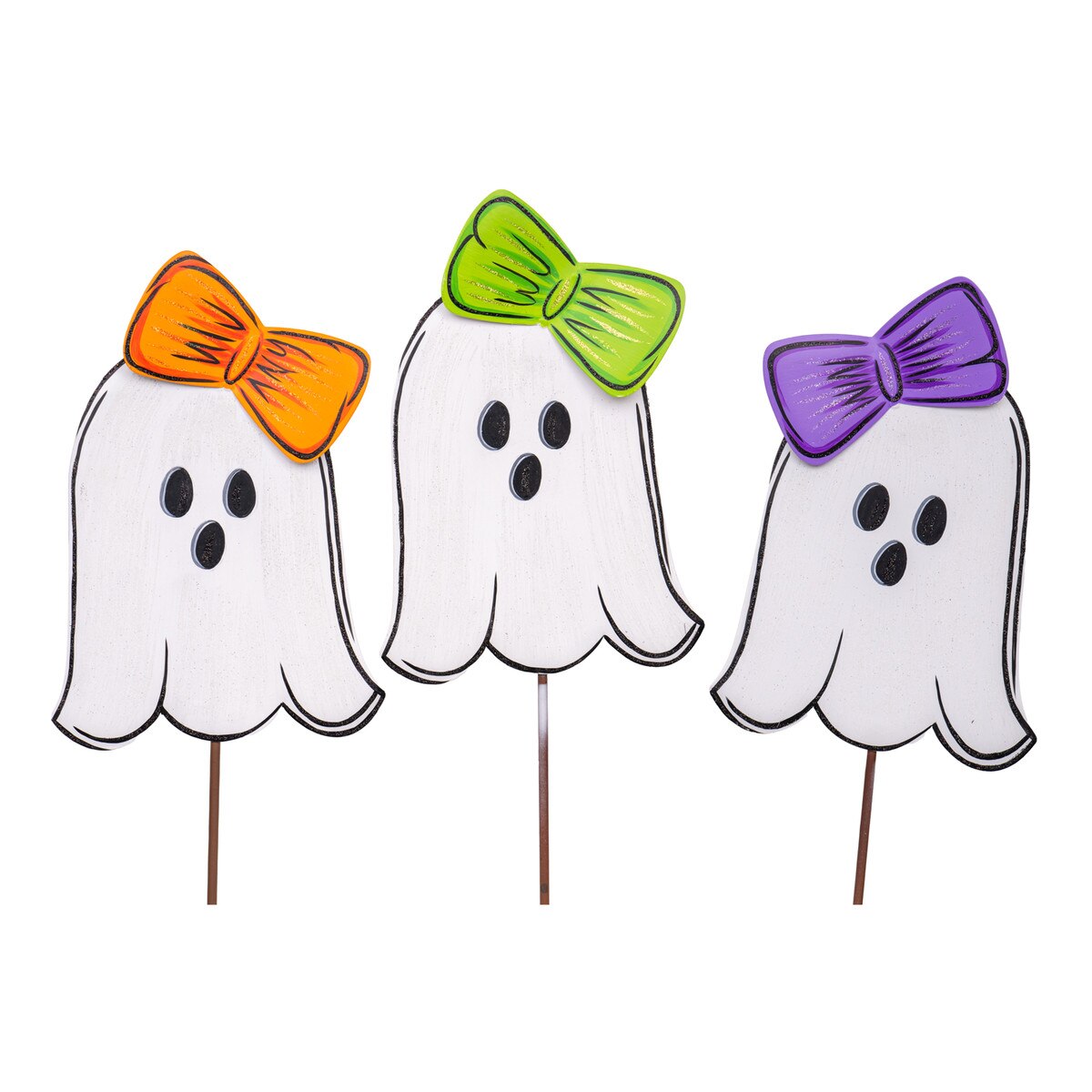 Set of three white ghost stakes with orange, green, and purple bows for whimsical Halloween home décor.