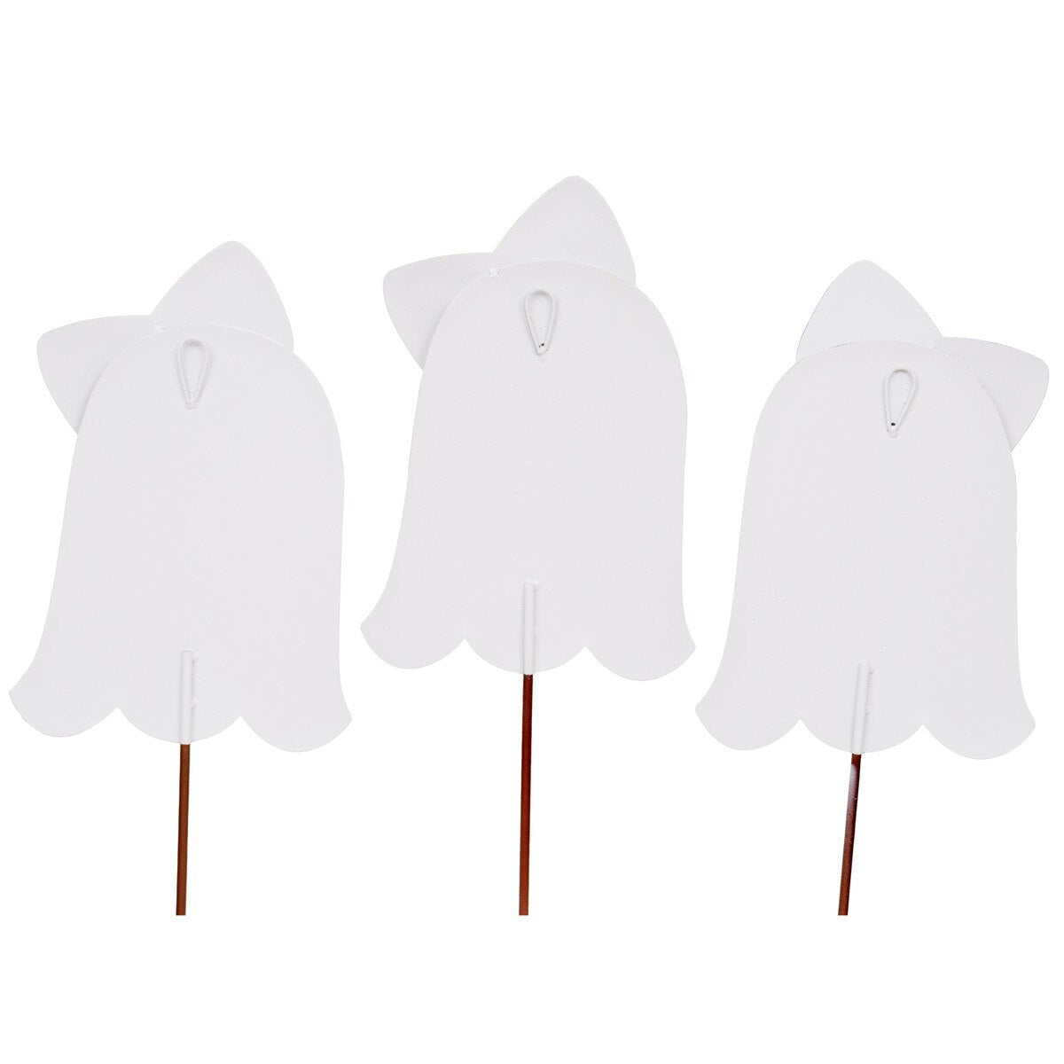 Set of three white ghost stakes with decorative bows, featuring back hanging loops and brown sticks for garden or home decor.