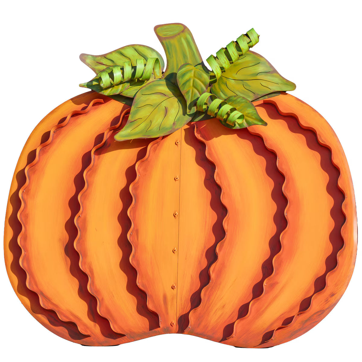 Oversized 45-inch orange metal pumpkin decor featuring scalloped ribbon-style ridges and green leaf accents.