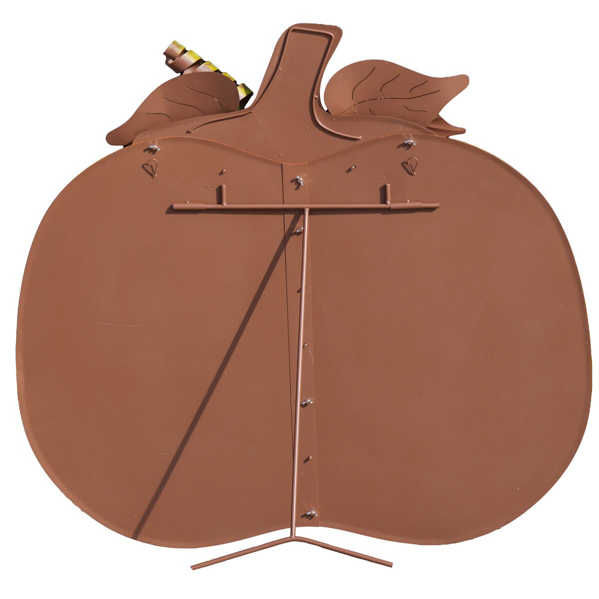 Back view of a 45-inch orange metal pumpkin decoration featuring a sturdy easel stand and hanging hardware.