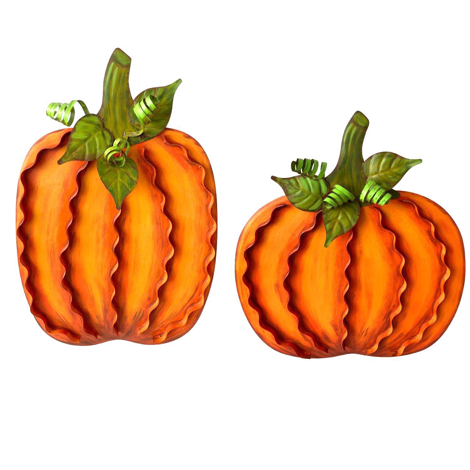 Set of two orange metal ribbon pumpkins with green leaves and curly vines for fall tabletop or wall decor.