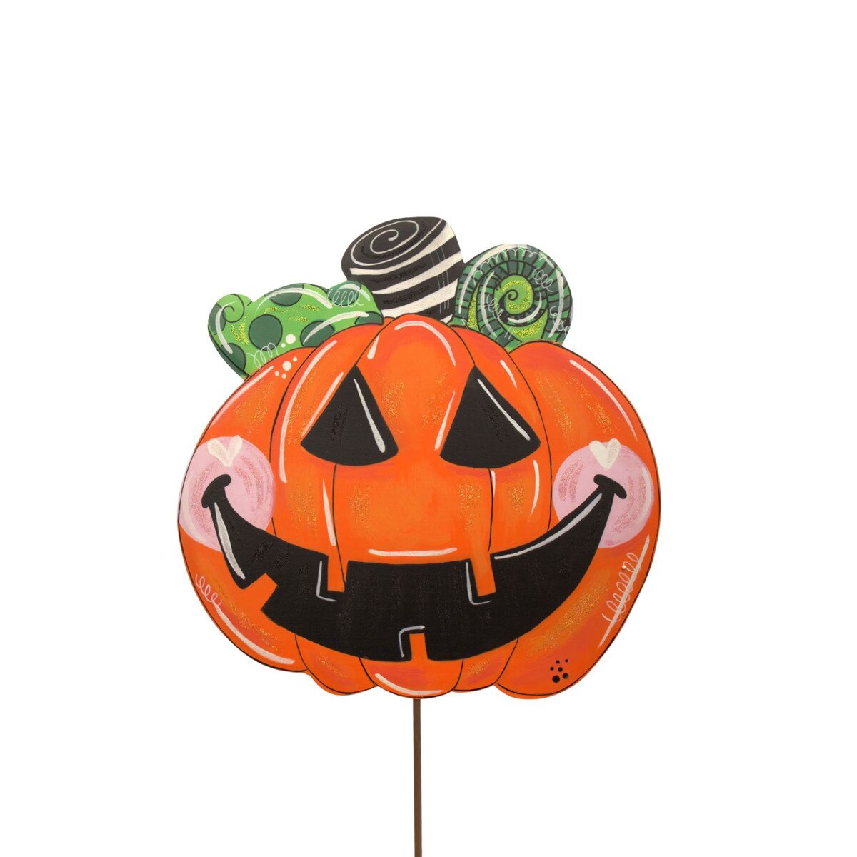 14-inch orange Jack O Lantern garden stake with a whimsical carved face, black smile, and decorative patterned top.
