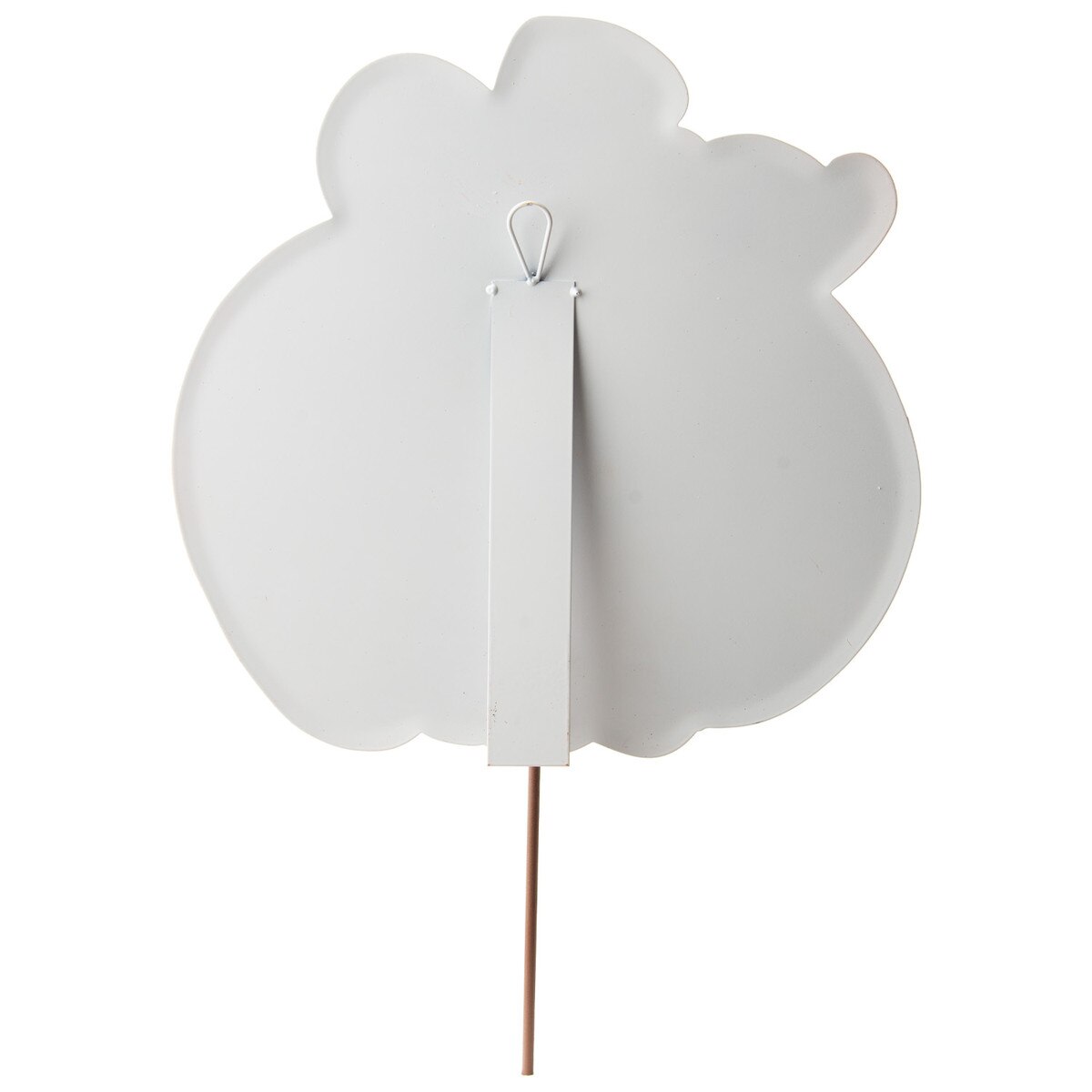 Back view of a 14-inch white metal jack-o'-lantern decoration with a display stake, hanging loop, and easel stand.