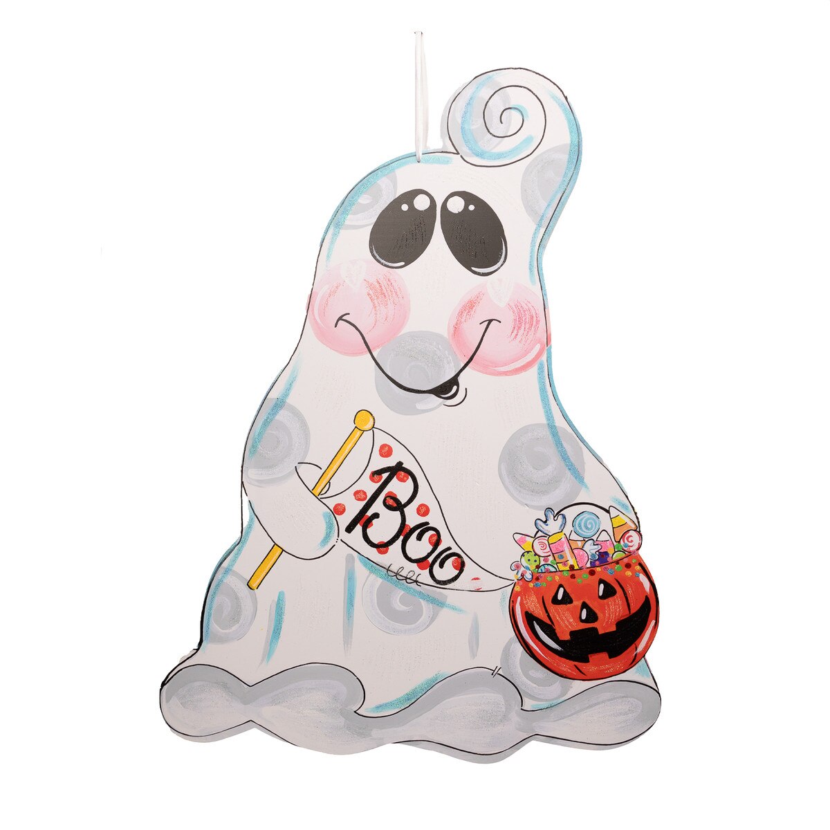 24-inch PVC ghost door hanger featuring a friendly Boo sign and jack-o'-lantern candy bucket for Halloween decor.