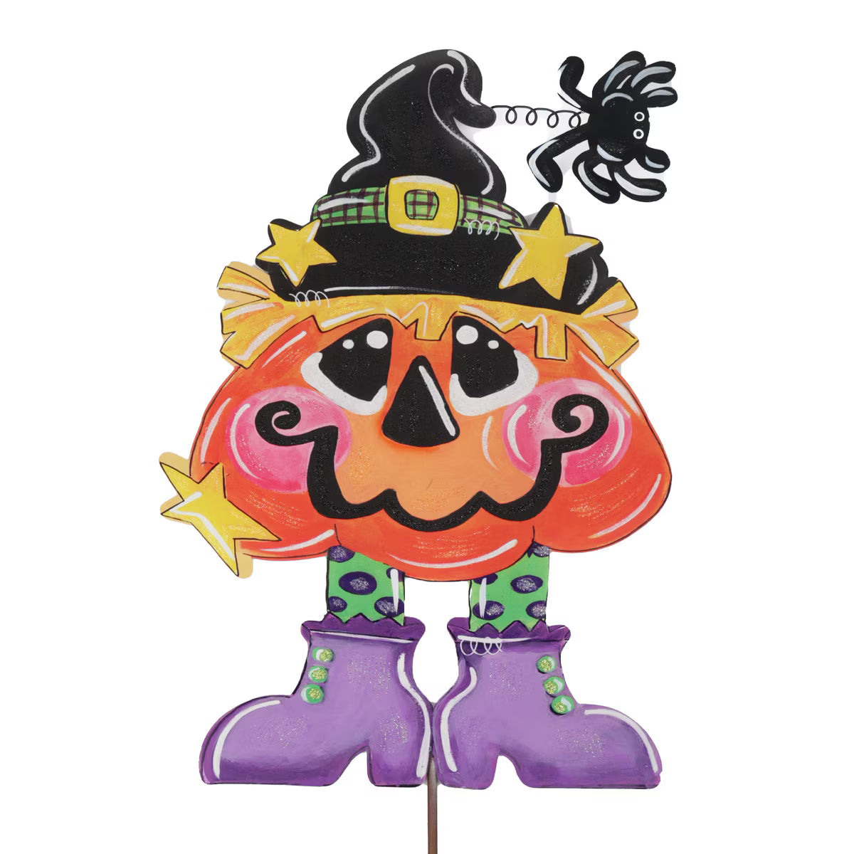 18-inch Lori Martin pumpkin witch garden stake with a black hat, spider accent, and purple boots for Halloween decor.