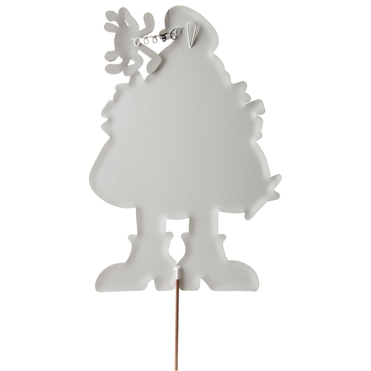 Back view of a 18-inch white metal Pumpkin Witch garden stake with a hanging hook and attached metal rod.