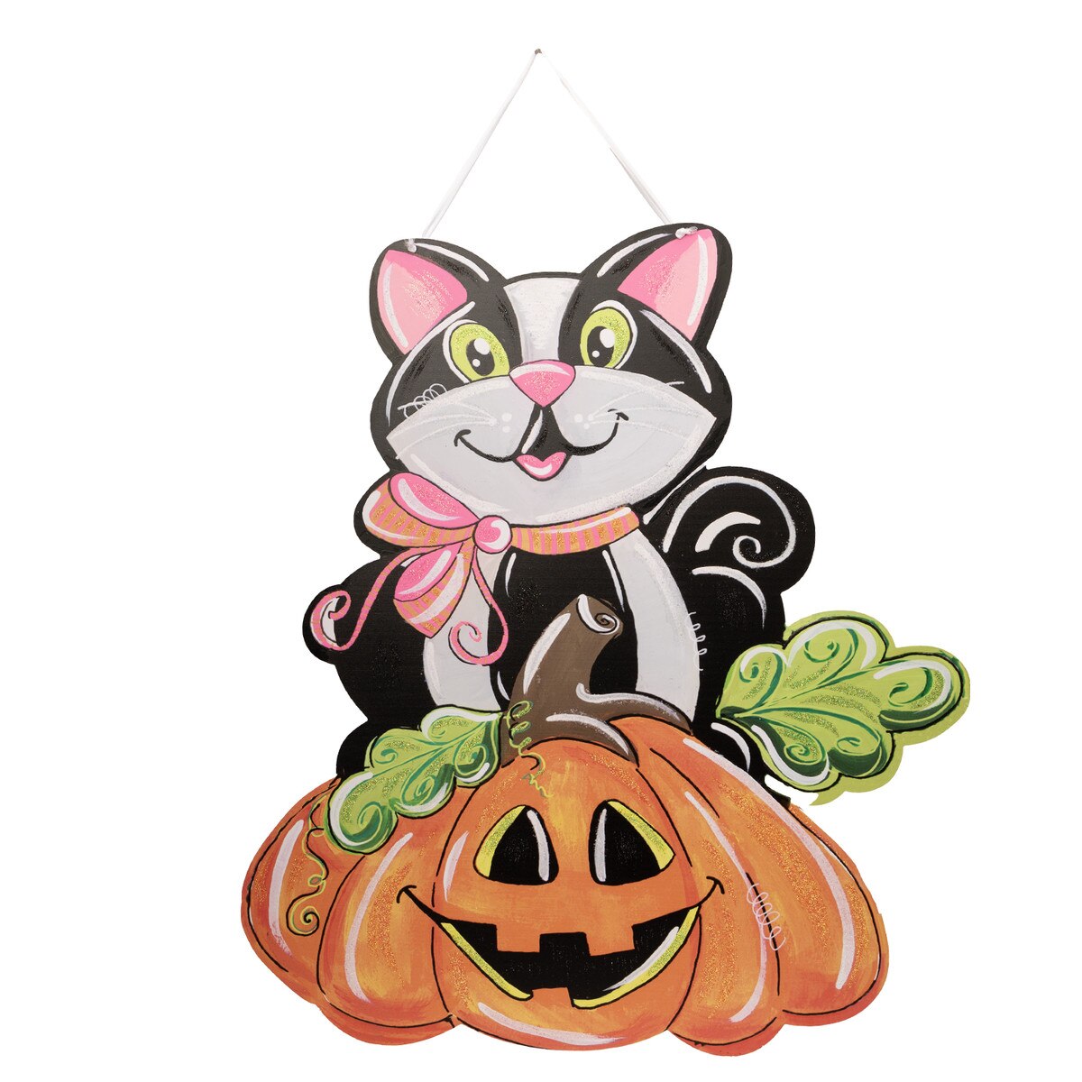 24-inch PVC Halloween door hanger featuring a black cat with a pink bow sitting on a smiling jack-o'-lantern.