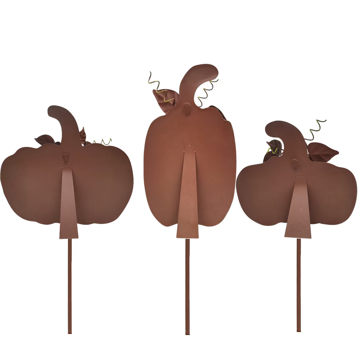 Set of three brown metal pumpkin stakes with easel backs and curly wire vines for fall garden or tabletop decor.