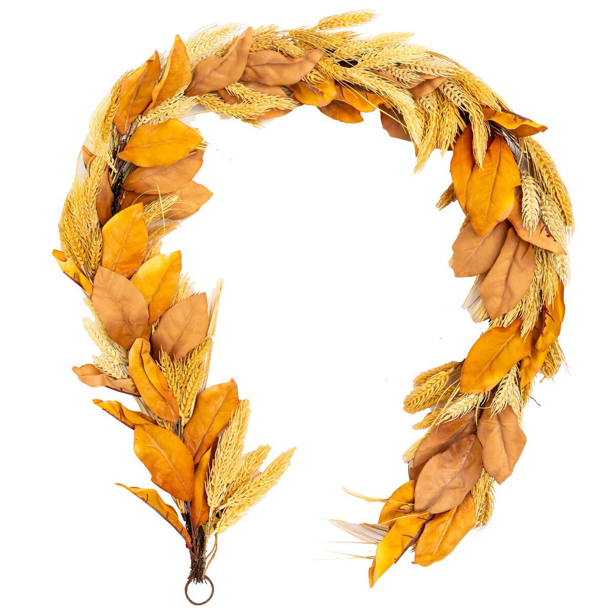 72-inch autumn wheat garland featuring golden wheat stalks and warm orange leaves for rustic farmhouse decor.