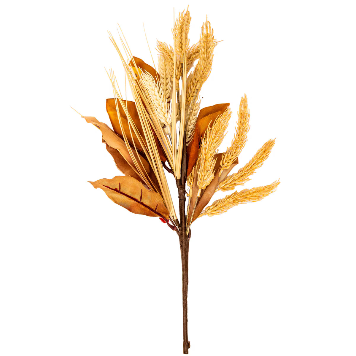 20-inch decorative wheat pick featuring golden grain stalks and rustic brown autumn leaves on a sturdy stem.