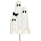 Large white ghost family Halloween yard stake with black eyes and a small bat accent, 24 inches tall.