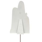 Back view of a white ghost family cutout with an attached easel stand, hanging hook, and metal yard stake.