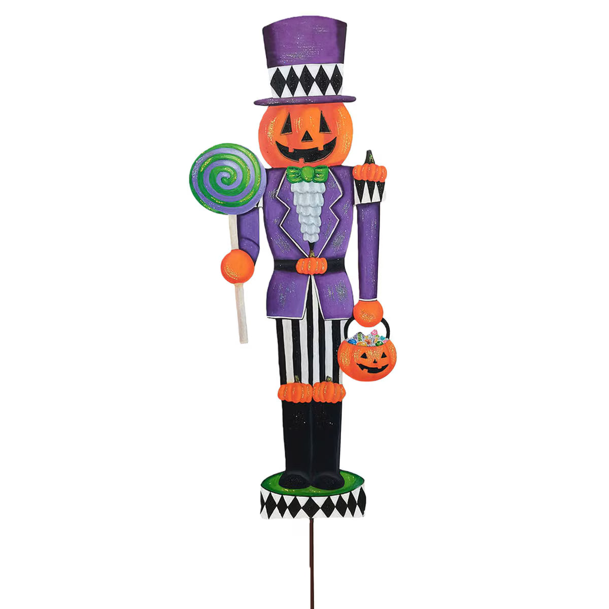 35.5-inch metal Jack O Lantern nutcracker in a purple suit, holding a lollipop and candy bucket for Halloween decor.