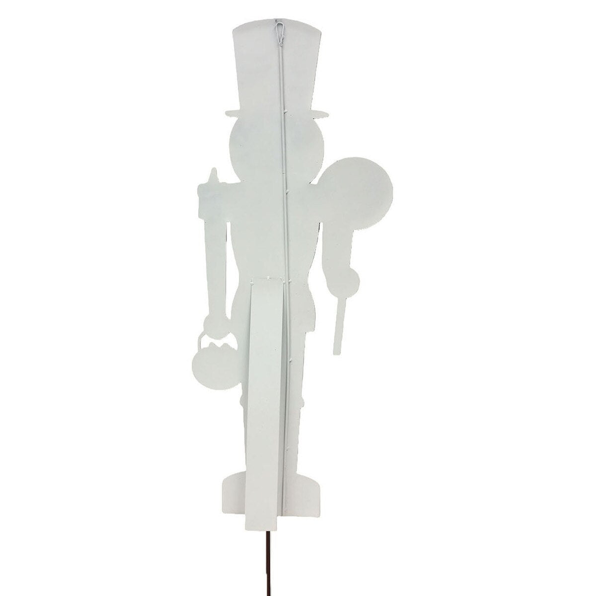 Back view of a 35.5-inch white metal Jack O Lantern nutcracker featuring a built-in easel and hanging hardware.