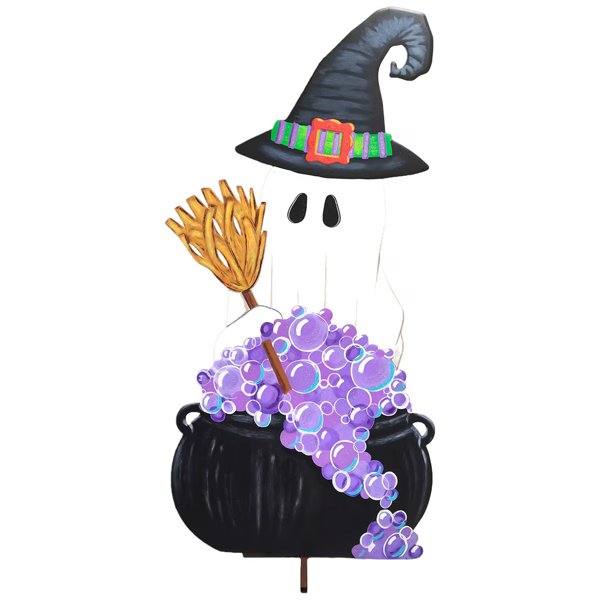 85-inch metal ghost witch decoration with a black hat, broom, and a bubbling purple cauldron for Halloween displays.