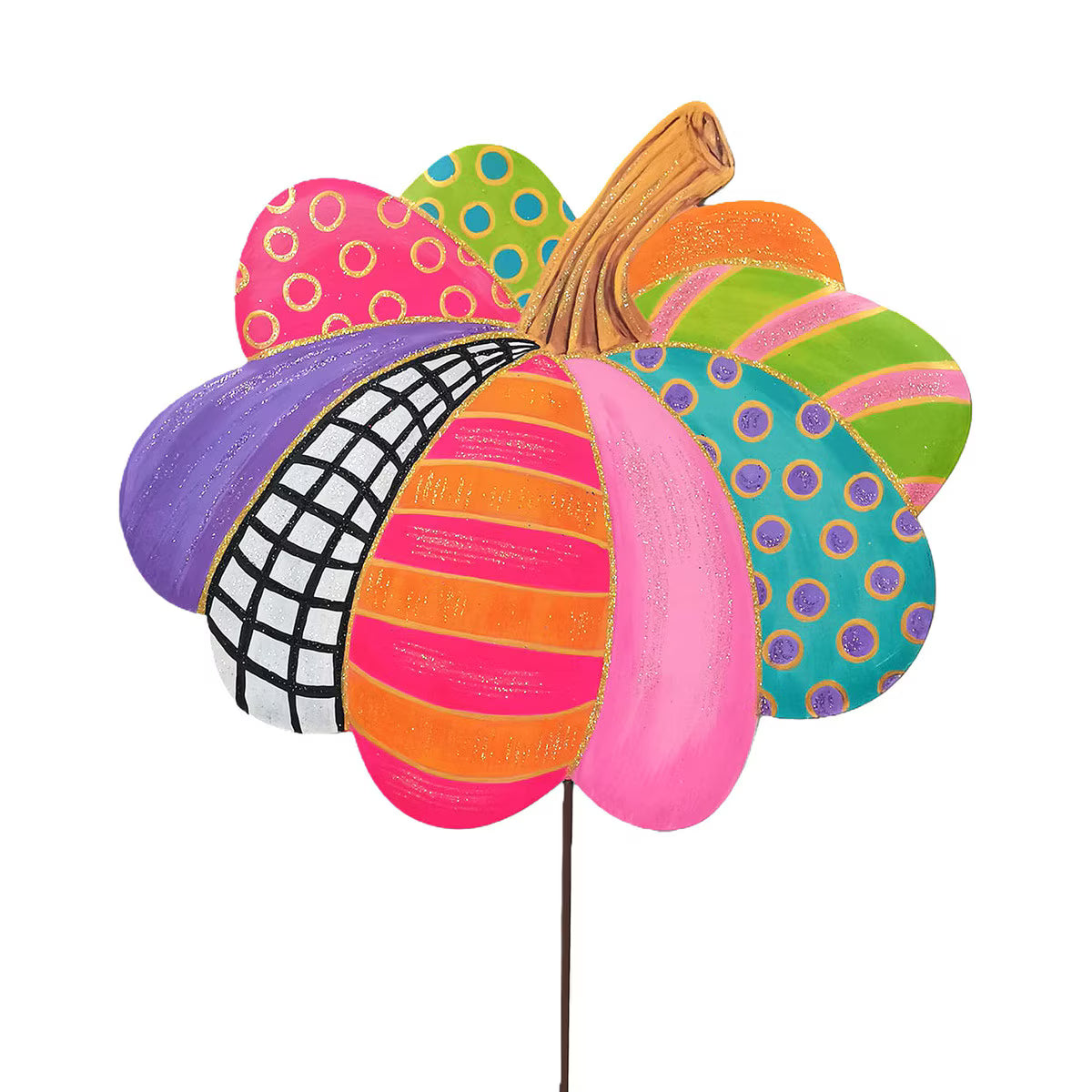 Colorful 19-inch pumpkin garden stake with vibrant patterned segments, glitter accents, and a sturdy metal display rod.