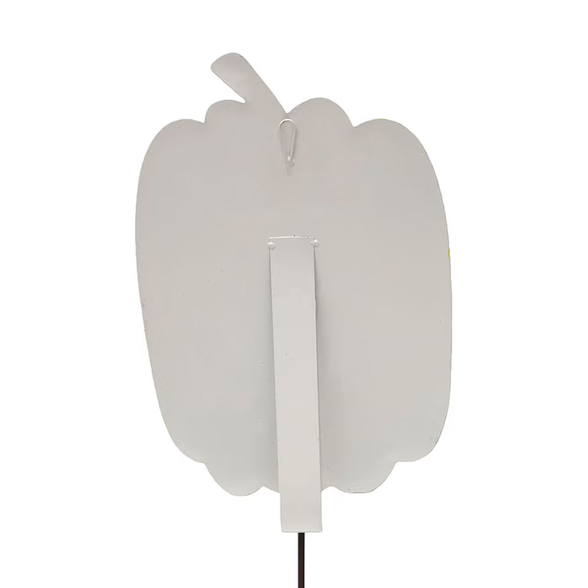 Back view of an 18-inch tall pumpkin garden stake featuring a white metal finish, hanging loop, and sturdy easel stand.