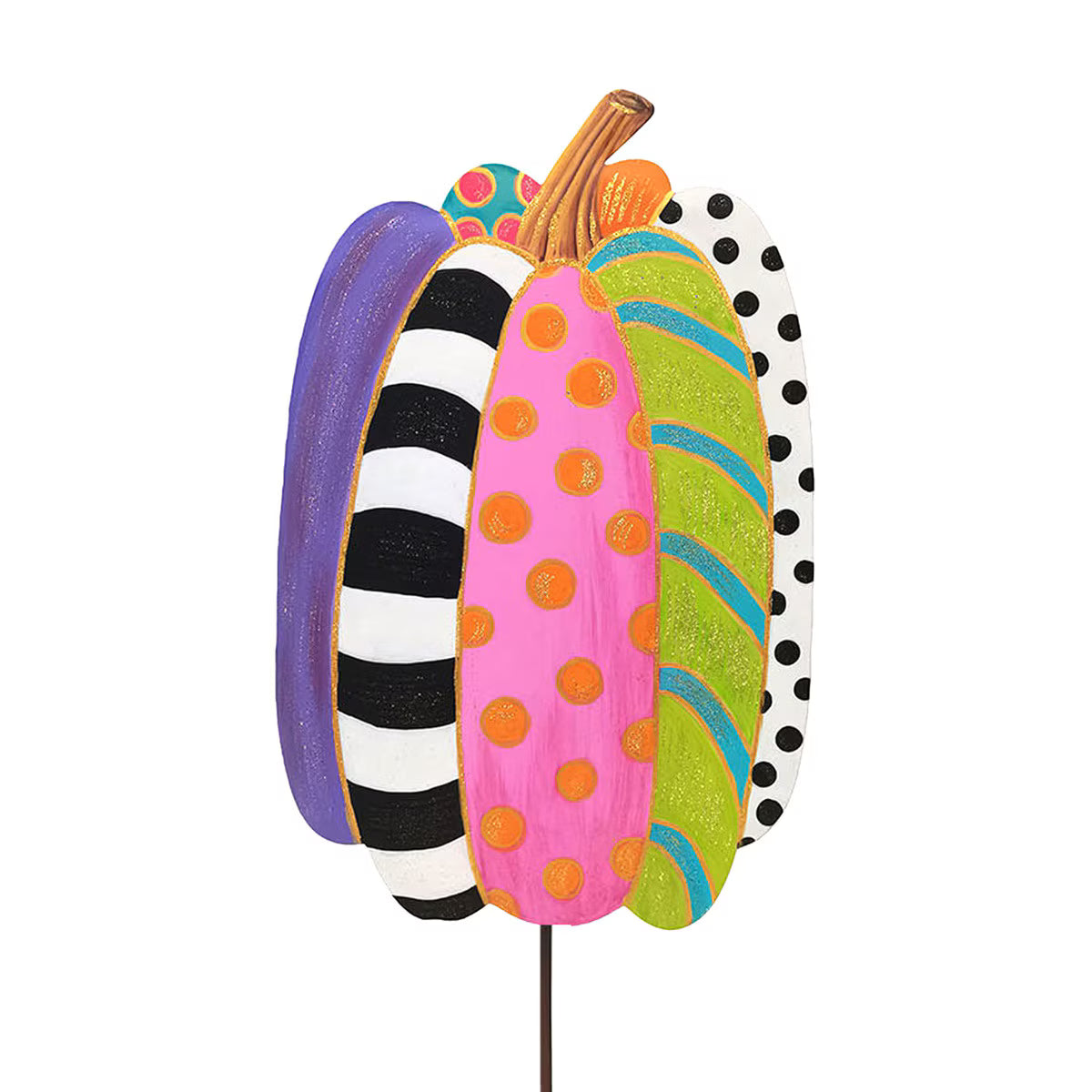 Tall decorative pumpkin garden stake featuring colorful patterned segments in polka dots, stripes, and bright autumn hues.