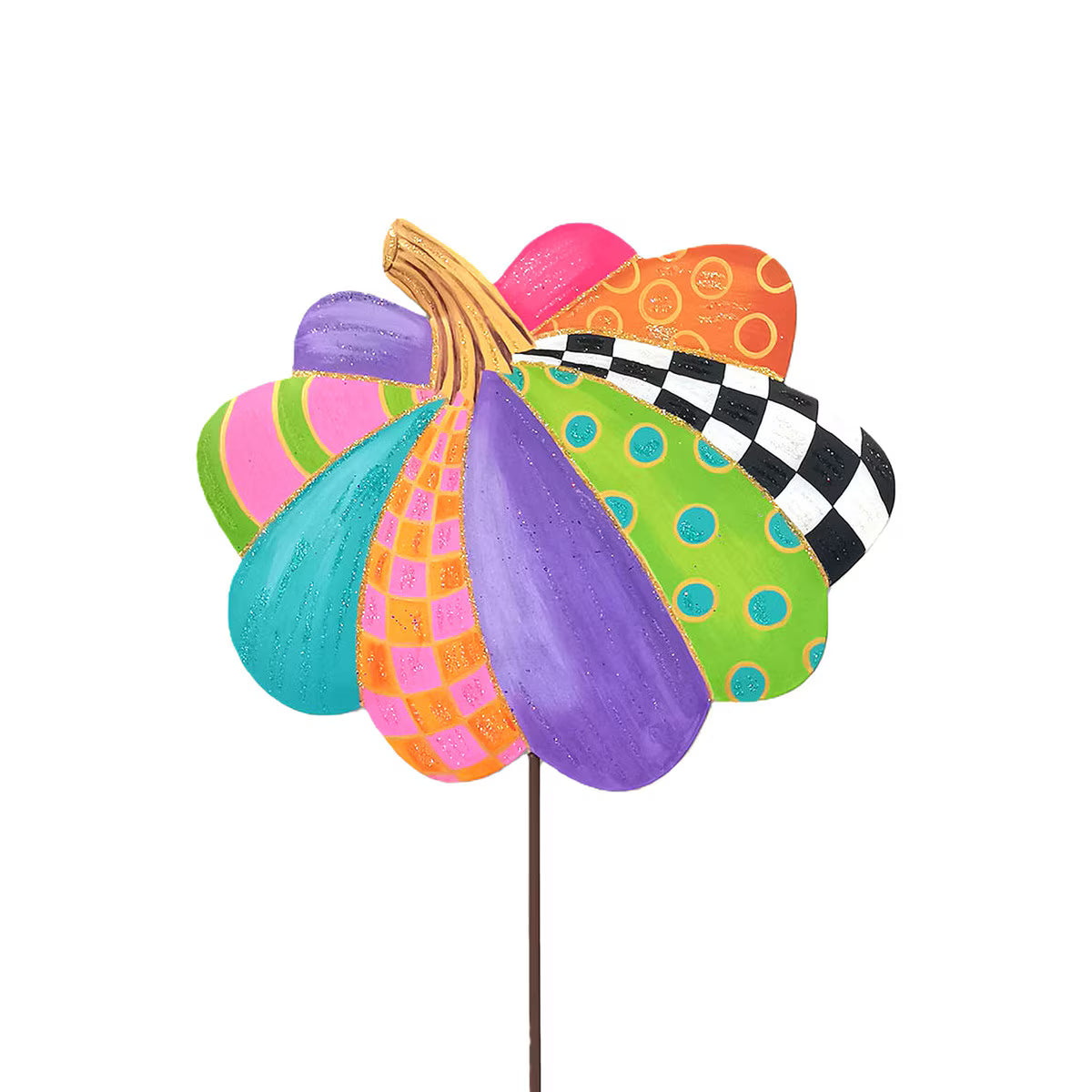 Small 12-inch decorative pumpkin garden stake featuring vibrant, multi-colored patterns, polka dots, and a black-white check.